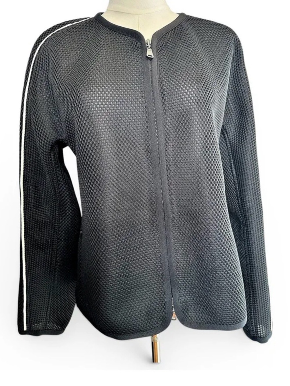 Escada for Neiman Marcus Black Mesh Zip Jacket White Piping Size 40